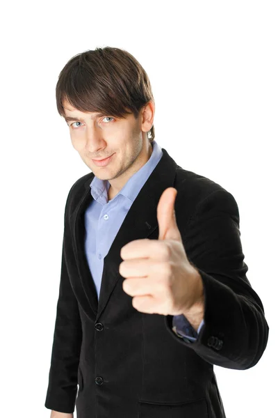 拇指向上孤立在白色背景的年轻商业男人 — 图库照片