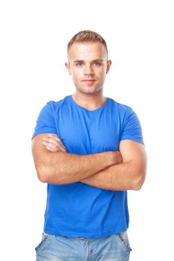 Genç adam beyaz arka planda izole edilmiş