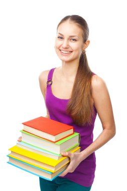 kitap yığını tutan mutlu gülümseyen öğrenci kız