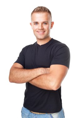 Beyaz arka plan üzerinde izole mutlu gülen adam