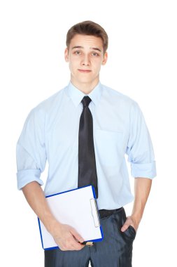 Beyaz arka plan üzerinde izole pano ile genç iş adamı