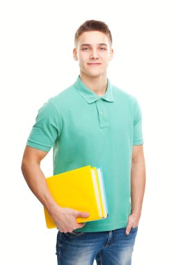 onun defteri ile mutlu gülümseyen öğrenci portresi