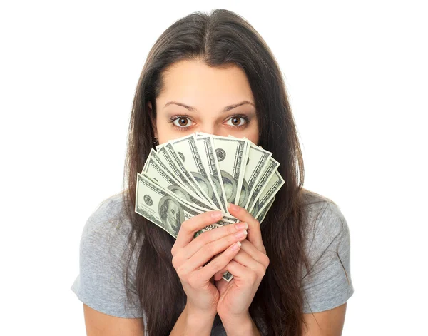 Young woman holding a dollar bills — Stock Photo, Image