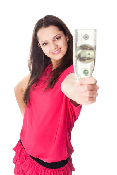 Young woman holding a 100 dollar bill — Stock Photo, Image