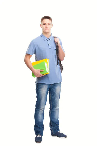 Estudante com livros e mochila isolada em branco — Fotografia de Stock