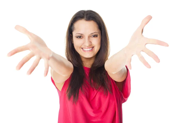 Young smiling woman with open hands — Stock Photo, Image