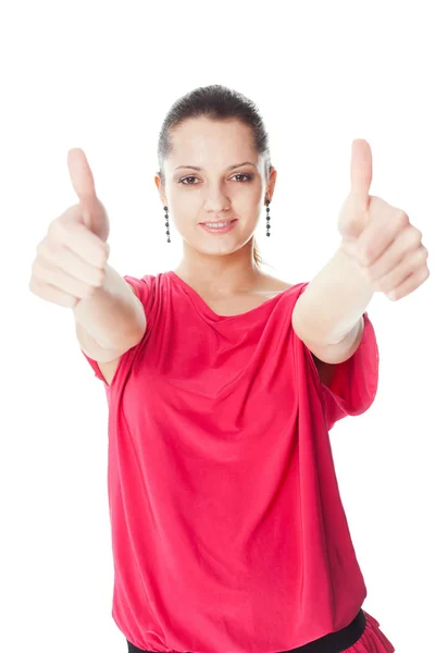 Mujer joven mostrando pulgares hacia arriba — Foto de Stock