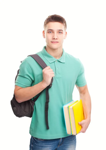 Счастливый улыбающийся студент с книгами и рюкзаком — стоковое фото