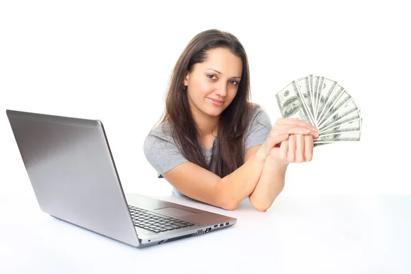 Young brunette woman holding a dollar bills — Stock Photo, Image