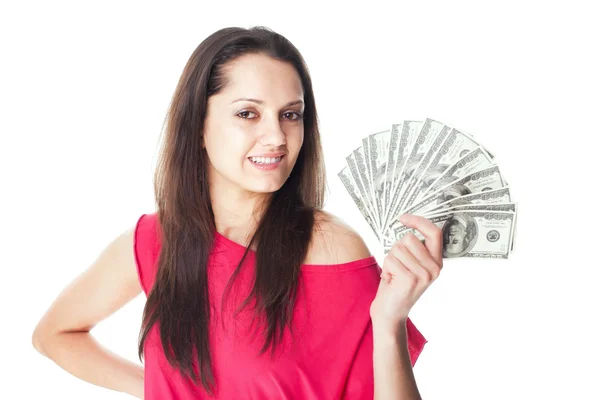 Young woman holding a dollar bills — Stock Photo, Image
