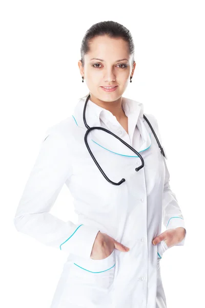 Jonge lachende vrouwelijke arts geïsoleerd op witte achtergrond — Stockfoto