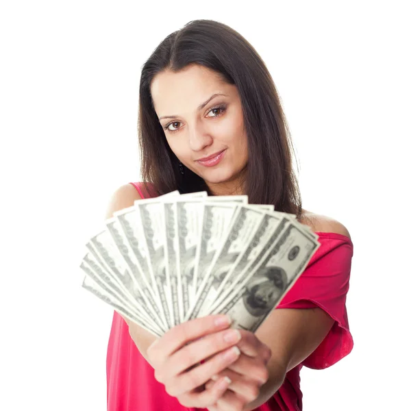 Young woman holding a dollar bills — Stock Photo, Image