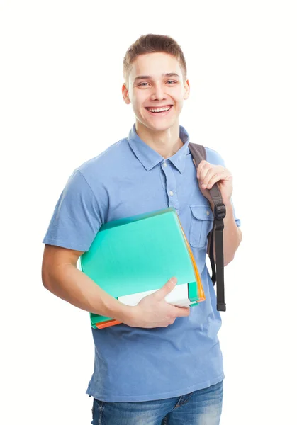 Feliz estudiante riendo con su cuaderno y su mochila — Foto de Stock