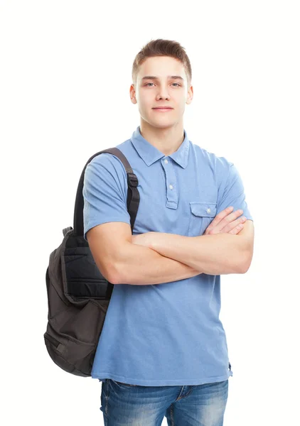 Glad leende student med ryggsäck isolerad på vit — Stockfoto