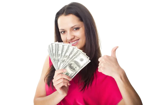 Young woman holding a dollar bills — Stock Photo, Image