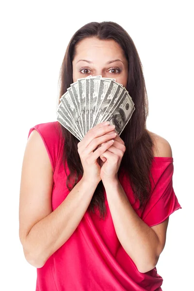 Young woman holding a dollar bills — Stock Photo, Image