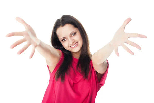 Giovane donna sorridente con le mani aperte — Foto Stock