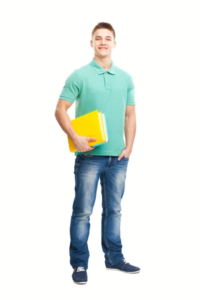 Full length portrait of happy smiling student with his notebook — Stock Photo, Image