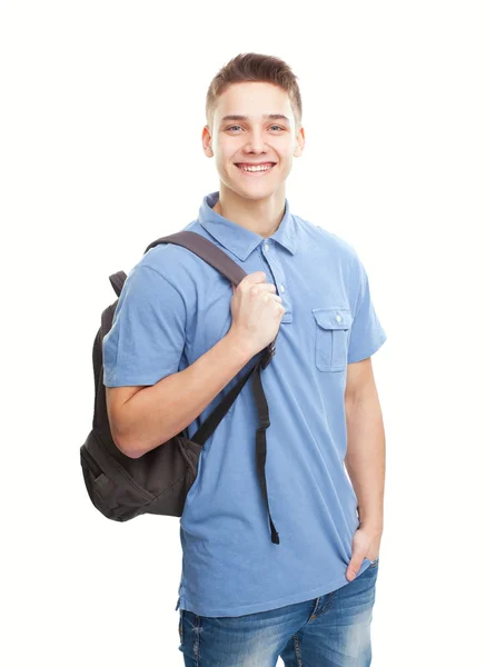 Glücklich lächelnder Student mit Rucksack isoliert auf weiß — Stockfoto