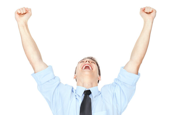 Young businessman celebrating success isolated on white