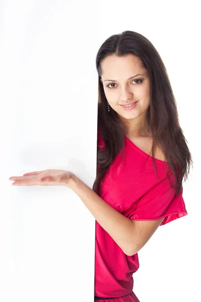 Young smiling woman showing blank signboard — Stock Photo, Image