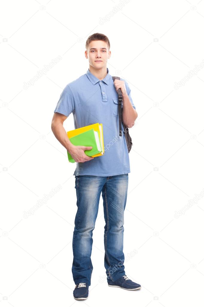 student with books and backpack isolated on white