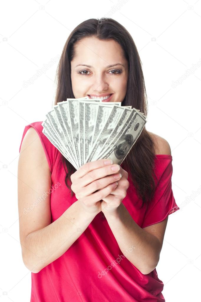 Young woman holding a dollar bills