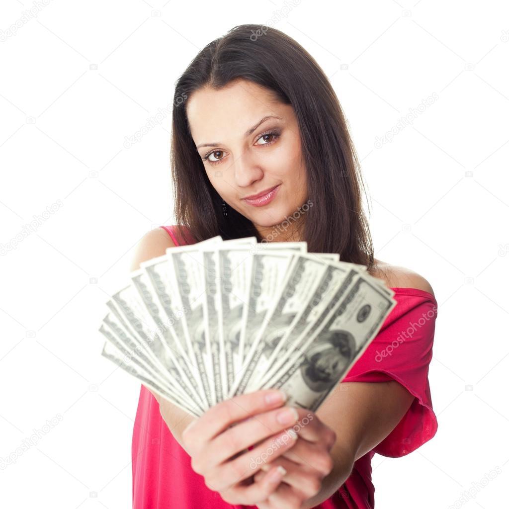 Young woman holding a dollar bills