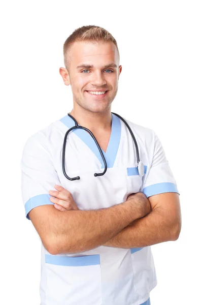 Feliz sorrindo jovem médico de uniforme — Fotografia de Stock