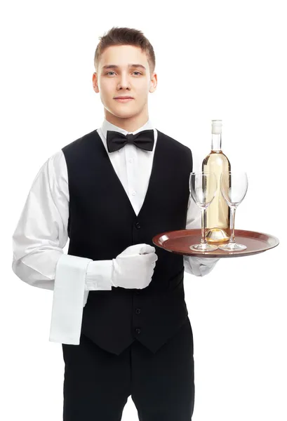 Jonge ober met fles van wit — Stockfoto