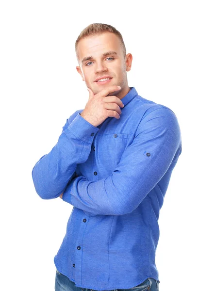 Mladý muž na sobě modré tričko — Stock fotografie