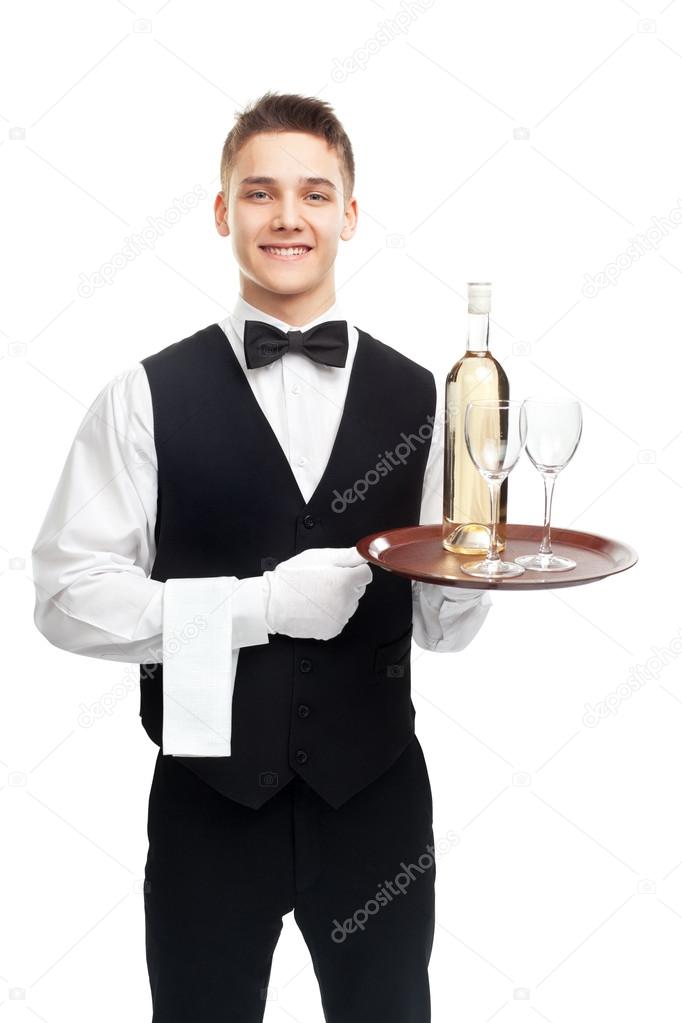 young waiter with bottle of white