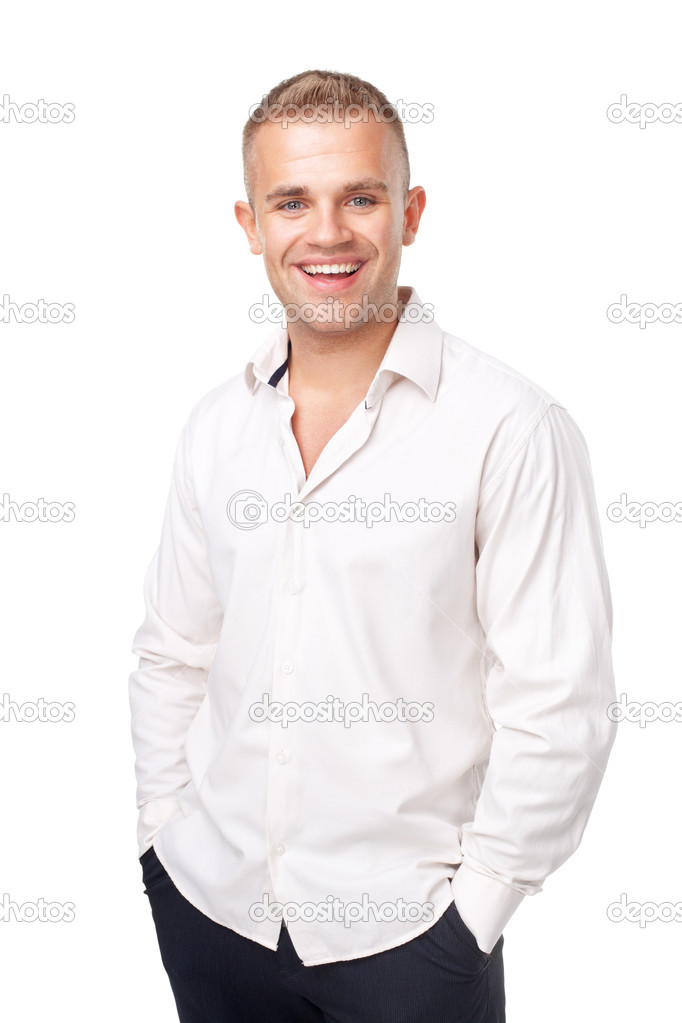 smiling young man wearing a white shirt