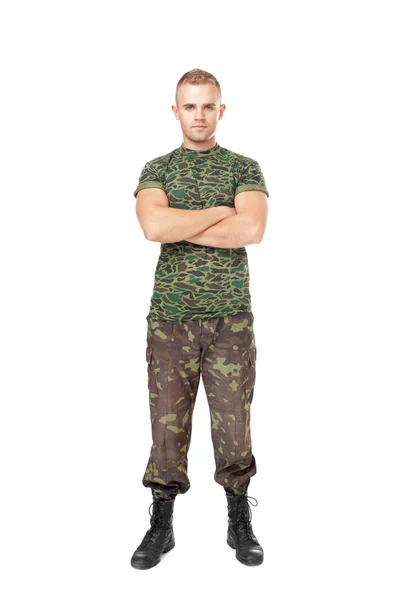 Portrait complet d'un soldat de l'armée sérieuse avec sa croix des bras — Photo