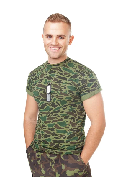 Portrait of young smiling army soldier — Stock Photo, Image