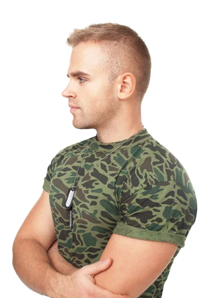 Portrait of young pensive army soldier — Stock Photo, Image