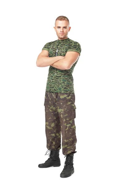 Full length portrait of serious army soldier with his arms cross — Stock Photo, Image