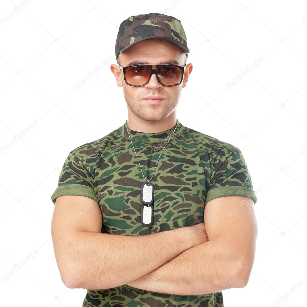Young army soldier wearing sunglasses