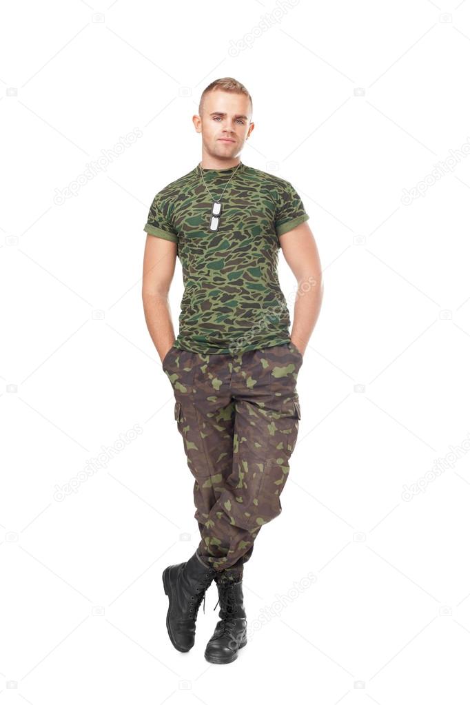 Full length portrait of young army soldier