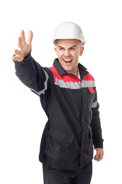 Young engineer shouts having raised a hand — Stock Photo, Image