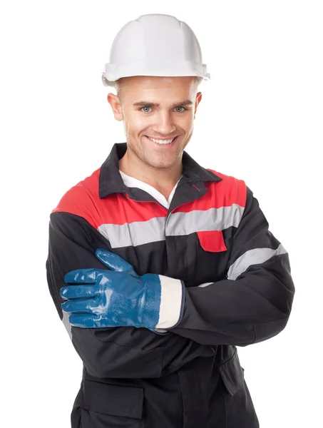 Werknemer met beschermende helm en handschoenen — Stockfoto