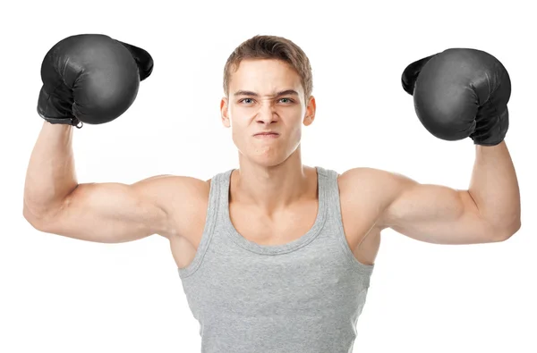 Angry boxer showing biceps — Stock Photo, Image