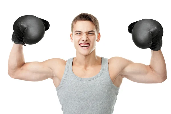 Rozzlobený boxer zobrazeno biceps — Stock fotografie