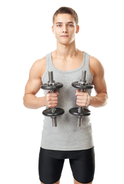 Hombre en forma haciendo ejercicio con pesas — Foto de Stock