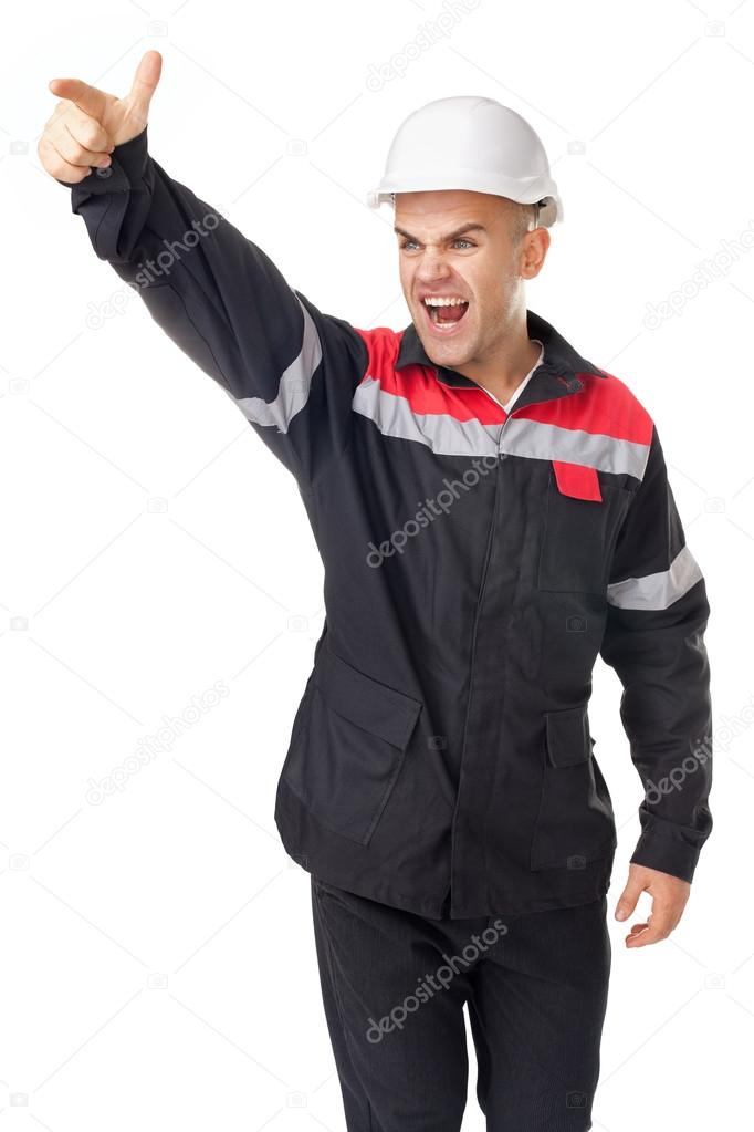 angry engineer shouting and pointing at something