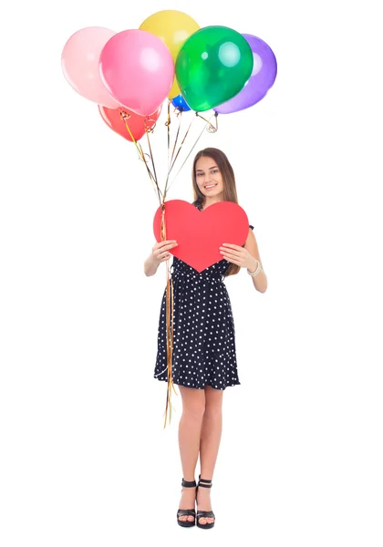 Mujer feliz con globos y corazón rojo —  Fotos de Stock