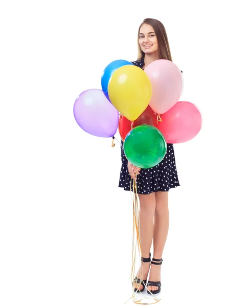 Vacker kvinna med färgglada ballonger — Stockfoto