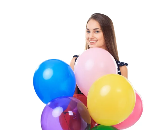 Belle femme avec des ballons colorés — Photo