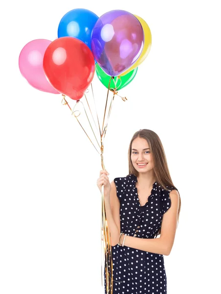 Schöne Frau mit bunten Luftballons — Stockfoto