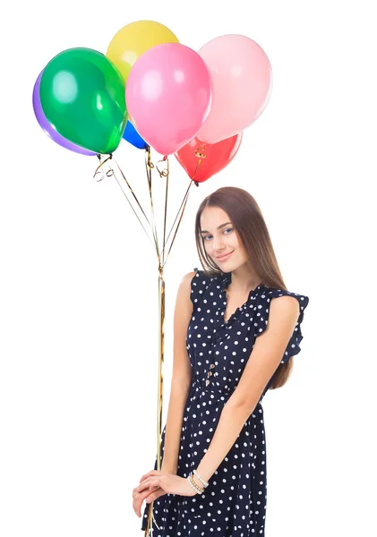 Ευτυχισμένη γυναίκα με πολύχρωμα μπαλόνια — Φωτογραφία Αρχείου